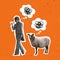 Contemporary art collage, modern design. Retro style. Minimalism. Young woman walking with sheep. Chaos in head