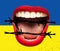 Contemporary art collage. Open female mouth covered with barbed wire isolated over blue and yellow flag background