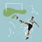 Contemporary art collage. Professional male soccer football player kicking the ball over light background with drawings