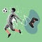 Contemporary art collage. Professional male soccer football player in motion over light background with drawings. Sport