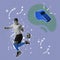 Contemporary art collage. Professional male soccer football player in motion over light background with drawings. Sport
