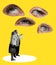 Contemporary art collage. Senior couple looking at many eyes, making discussion isolated over yellow background