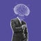 Contemporary art collage. Silhouette of businessman in stylish suit with digital brain scheme isolated over purple