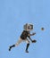 Contemporary art collage of sportsman, baseball player with retro coumputer head in motion, training isolated over blue
