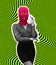 Contemporary art collage. Stylish young woman in business suit with pink balaclava isolated over hypnotic green
