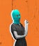 Contemporary art collage. Stylish young woman in retro styled dress in neon green balaclava isolated over orange