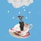 Contemporary art collage. Thoughtful man standing under rain with umbrella into retro cup isolated over blue background