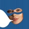 Contemporary art collage. Thoughtful young woman wearing superhero mask isolated over blue background.