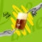 Contemporary art collage with two hands touching beer glass with lager, crafted cold beer. Concept of festival, national