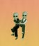 Contemporary art collage. Two happy green aliens with human body, like man and woman dancing retro style dance isolated