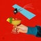 Contemporary art collage. Woman falling down into screwdriver cocktail  over bright red background. Concept of