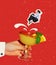 Contemporary art collage. Woman jumping into screwdriver cocktail isolated over bright red background. Concept of