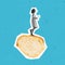 Contemporary art collage woman standing on delicious French dessert - eclaire isolated over blue background. Retro style