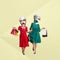 Contemporary art collage. Woman in stylish dresses with antique statue heads going shopping together. Leisure time
