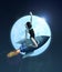 Contemporary art collage young girl flying on rocket on outer space background. Concept of astronautics, dreams, astronomy, art,