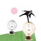 Contemporary art collage. Young man, employee, manager balancing on light bulb symbolizing ideas development