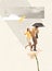 Contemporary art collage. Young stylish couple walking under rain with umbrella. Autumn evening date