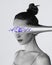 Contemporary art collage. Young woman in monochrome filter with violet flowers instead of eyes symbolizing passivity and