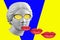 Contemporary art concept collage with antique statue Venus head in glasses and lips. Zine culture style. Modern trendy