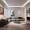 A contemporary art gallery-inspired living room with white walls, track lighting, and modern sculptures4