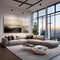 A contemporary art gallery-inspired living room with white walls, track lighting, and modern sculptures5