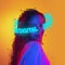 Contemporary art. Young girl with neon lettering around head with pixel elements isolated over yellow background in neon