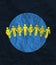 Contemporary artwork. Chain of people standing around planet Earth isolated on dark background. Overpopulation