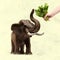 Contemporary artwork collage concept. Portrait of toy elephant eating fresh salad isolated on light background. Funny