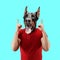 Contemporary artwork, conceptual collage. Man headed by dog head. Trendy colors.