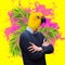 Contemporary artwork, conceptual collage. Man headed by parrot head standing isolated on bright floral background