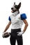 Contemporary artwork, conceptual collage. Sportive male professional football player headed by dog's head isolated on