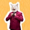 Contemporary artwork, conceptual collage. Stylish man in marsala color jacket headed by cat head. Trendy colors.