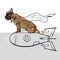 Contemporary artwork. One cute funny dog like superhero isolated on white studio background in neon with drawings.