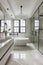 Contemporary bathroom with sleek white tub, glass shower, and natural light filtering through panoramic windows