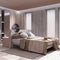 Contemporary bleached wooden bedroom and bathroom in white and beige tones. Double bed, freestanding bathtub, parquet and