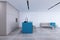 Contemporary and blue loft kitchen studio interior. Designs concept. 3D Rendering