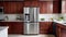 Contemporary Chic: Gourmet Kitchen Exuding Modern Elegance with Sleek Stainless Steel Appliances and Dark Wood Cabinets