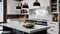 A contemporary, chic kitchen in Chicago featuring stylish black and white cabinets, golden fixtures