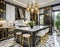 A contemporary, chic kitchen featuring stylish black and white cabinets, golden fixtures, and marble tiles