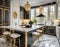 A contemporary, chic kitchen featuring stylish black and white cabinets, golden fixtures, and marble tiles