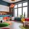 A contemporary childrens playroom with modular furniture and vibrant interactive wall panels5