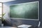 Contemporary classroom interior with empty mock up chalkboard, white furniture, window, daylight and equipment. Education,