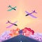 Contemporary collage. Airplanes are flying over the runway with flowers on an orange background. Transportation concept, art,