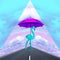 Contemporary collage. A flamingo under a purple umbrella walks in the rain along the road against the background of a