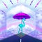 Contemporary collage. A flamingo under a purple umbrella walks in the rain along the road against the background of a sky with