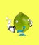 Contemporary collage. Funny cute green lime talking on phone isolated over yellow background. Drawn citrus in a cartoon