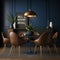 Contemporary Dark Blue Dining Room with Wooden Table, Leather Chairs, and Decor. Generative AI