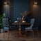 Contemporary Dark Blue Dining Room with Wooden Table, Leather Chairs, and Decor. Generative AI