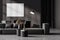 Contemporary dark grey living room interior with fireplace, sofa, armchairs. Big poster template mockup on wall