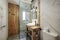 Contemporary decorated toilet with pine wood washbasin cabinet